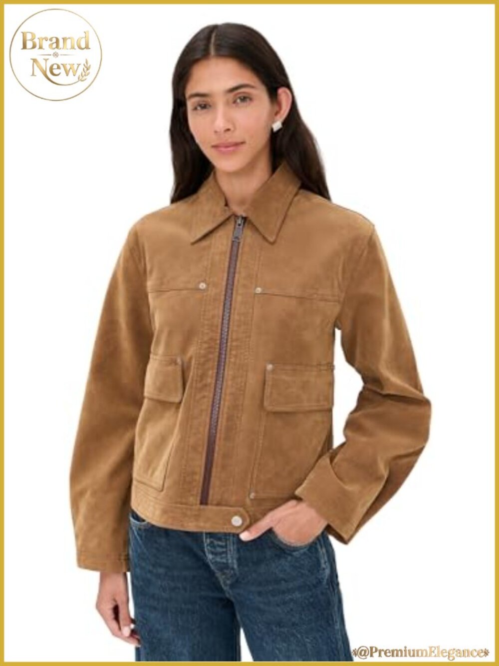 Faux Suede Aviator Jacket with Snap Tabs and Flap Pockets